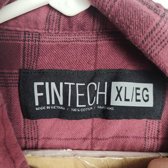 Fintech Button-Up Shirt Men's XL Maroon Plaid Long Sleeves Logo Collared - Picture 8 of 9